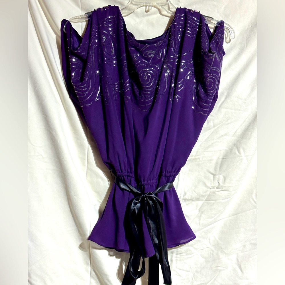Dress Barn Purple Embellished Cold Shoulder Top with Ribbon Belt - Size 14